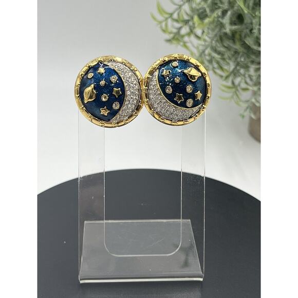 Swarovski Swan Blue Enamel Pave Crystal Star Moon Saturn Brooch & Clip Earrings - Picture 11 of 15